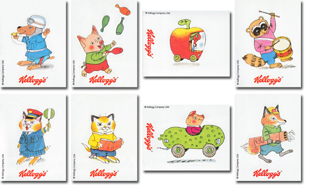 Einige Scarry Sticker aus den Kellogg's Corn Flakes-Packungen